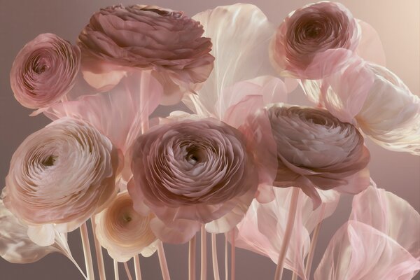 Tapet Flori mari de ranunculus, cu aspect artistic, în nuanțe delicate de roz și crem, Fototapet Flori, w09921 : Uwalls.ro