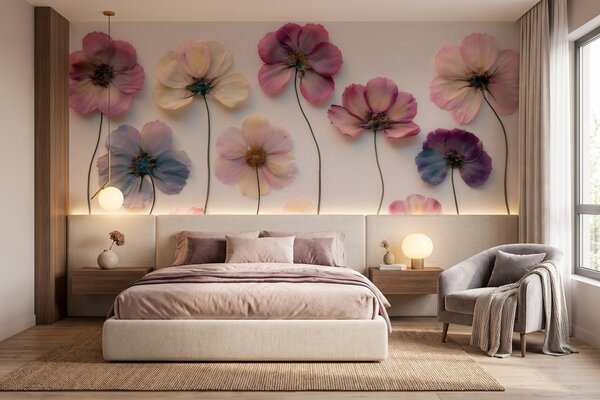 Tapet Compoziție de tip herbariu cu efect de flori presate și textură 3D, Fototapet Flori, w09911 : Uwalls.ro