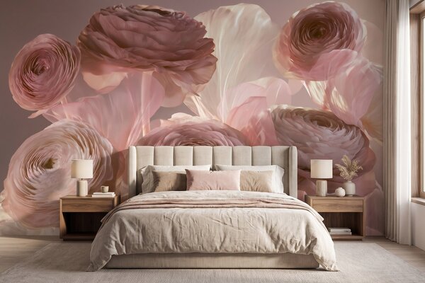 Tapet Flori mari de ranunculus, cu aspect artistic, în nuanțe delicate de roz și crem, Fototapet Flori, w09921 : Uwalls.ro