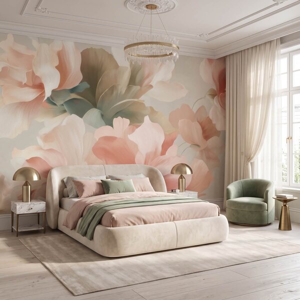 Tapet Flori artistice de dimensiuni mari, în nuanțe pastelate delicate de crem, roz și, Fototapet Flori, Fototapet Flori Mari, w09935 : Uwalls.ro