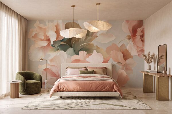 Tapet Flori artistice de dimensiuni mari, în nuanțe pastelate delicate de crem, roz și, Fototapet Flori, Fototapet Flori Mari, w09935 : Uwalls.ro
