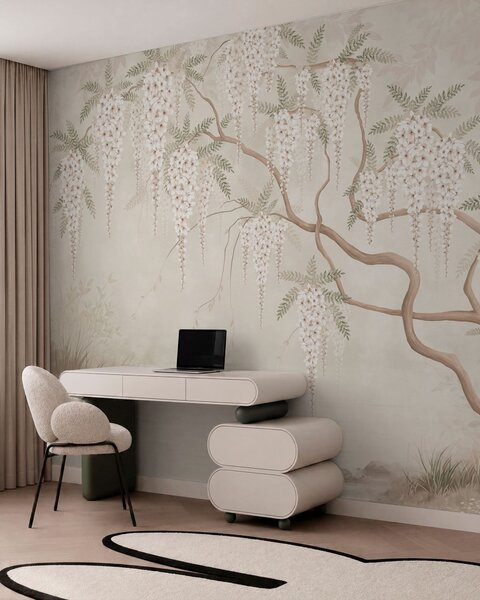 Tapet Flori albe care cad în cascadă deasupra apei liniștite, Fototapet în stil oriental, w05694 : Uwalls.ro
