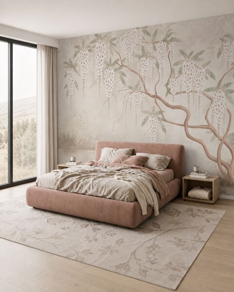 Tapet Flori albe care cad în cascadă deasupra apei liniștite, Fototapet în stil oriental, w05694 : Uwalls.ro