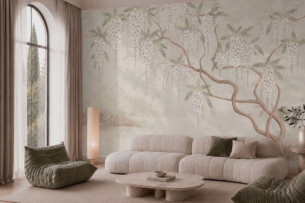 Tapet Flori albe care cad în cascadă deasupra apei liniștite, Fototapet în stil oriental, w05694 : Uwalls.ro