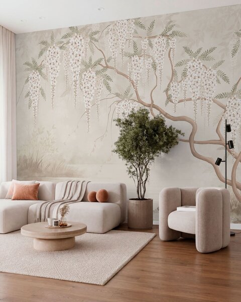 Tapet Flori albe care cad în cascadă deasupra apei liniștite, Fototapet în stil oriental, w05694 : Uwalls.ro