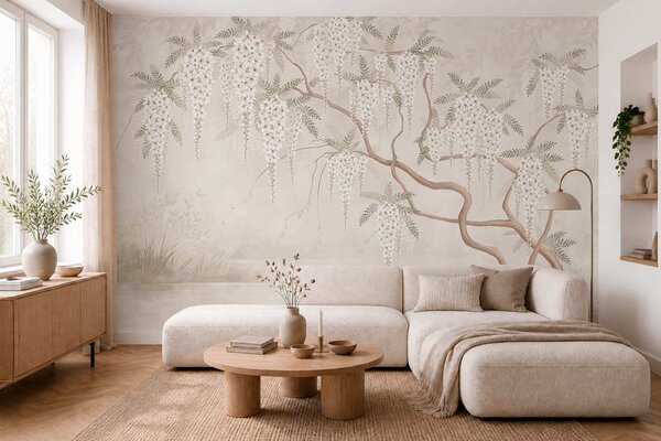 Tapet Flori albe care cad în cascadă deasupra apei liniștite, Fototapet în stil oriental, w05694 : Uwalls.ro