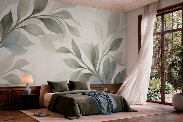 Tapet Frunze mari, în nuanțe delicate de verde și albastru, Fototapet Natură, Fototapet Frunze, w05693 : Uwalls.ro