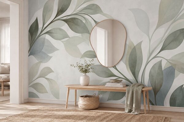 Tapet Frunze mari, în nuanțe delicate de verde și albastru, Fototapet Natură, Fototapet Frunze, w05693 : Uwalls.ro