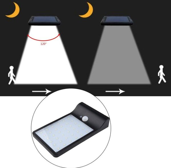 Lampa solara LED stradala, senzor miscare PIR, autonomie 6-8h, IP65, 5500-6000K, 300lm, 5W, 36 surse