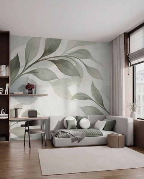 Tapet Frunze mari, în nuanțe delicate de verde și albastru, Fototapet Natură, Fototapet Frunze, w05693 : Uwalls.ro