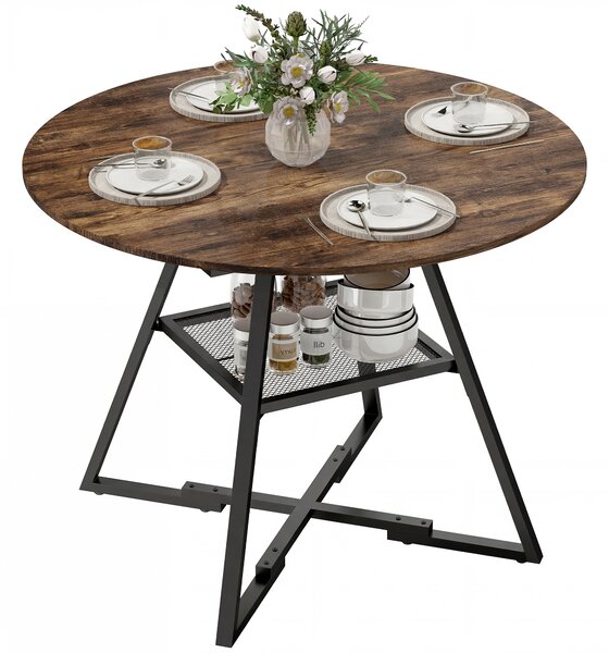 HOMCOM Masă de dining 4 locuri, 100 cm rotundă, bucătărie industrială, poliță de depozitare, maro rustic. | Aosom Romania