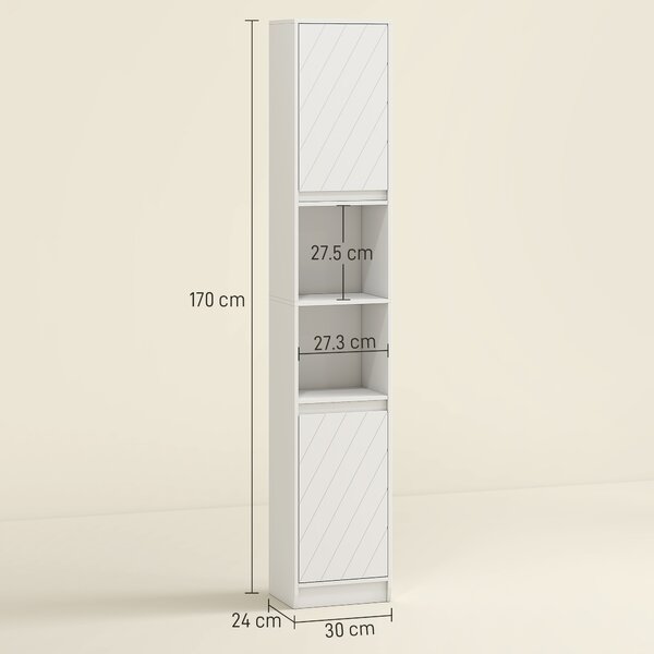 HOMCOM Dulap de baie tip coloană, compact, din lemn, cu 2 dulapuri și rafturi, 30x24x170 cm, alb | Aosom Romania