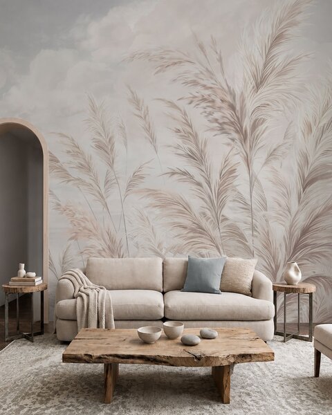 Tapet Ierburi delicate lângă apă, sub nori ușori, Fototapet Natură, w05735v1 : Uwalls.ro