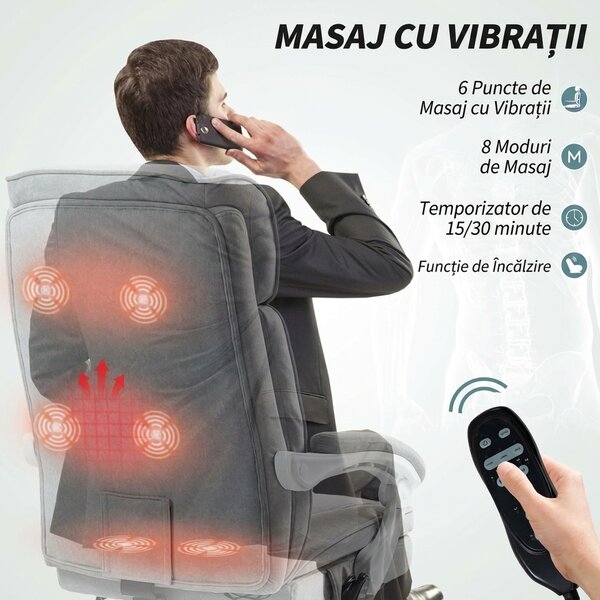 HOMCOM Scaun de Birou Masaj cu 6 Puncte, Încălzire și Suport pentru Picioare, Scaun Ergonomic Rabatabil Rotativ din Stofă Tip In Respirabil cu Telecomandă și Înălțime Reglabilă, Gri | Aosom Romania