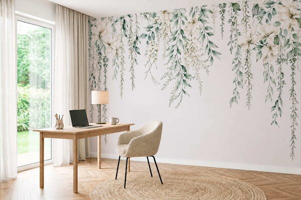 Tapet Flori care se revarsă și frunziș verde pe un fundal deschis, Fototapet Flori, w05736 : Uwalls.ro