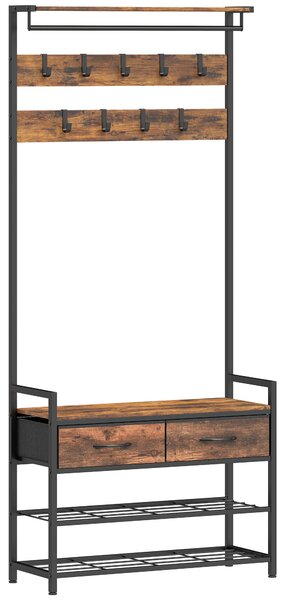 HOMCOM Cuier de Podea 5 în 1, 181,5 cm, cu Bancă și Suport pentru Încălțăminte, 10 Cârlige, Metal, Maro Rustic | Aosom Romania