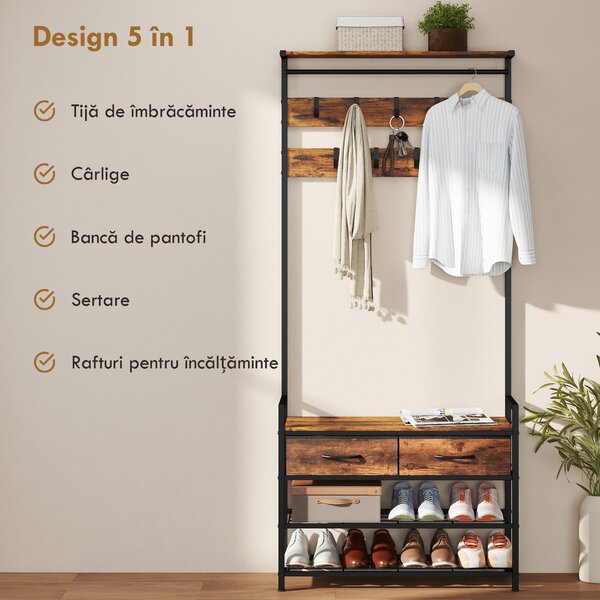 HOMCOM Cuier de Podea 5 în 1, 181,5 cm, cu Bancă și Suport pentru Încălțăminte, 10 Cârlige, Metal, Maro Rustic | Aosom Romania