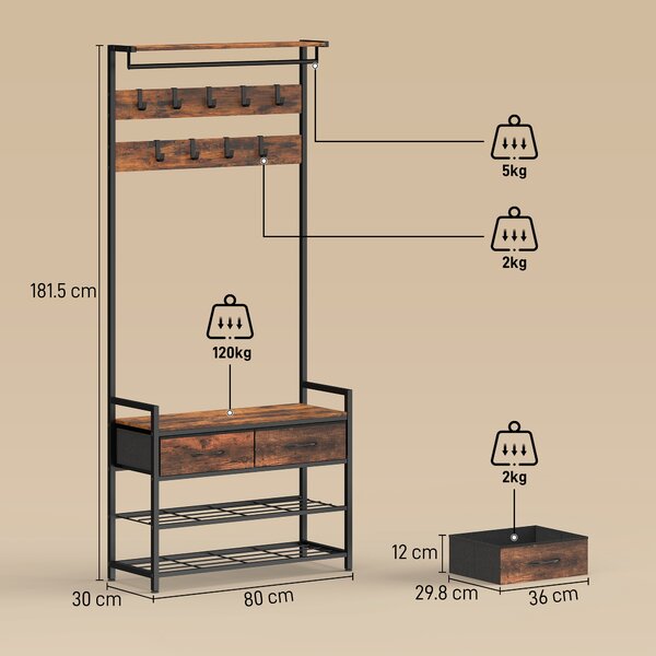 HOMCOM Cuier de Podea 5 în 1, 181,5 cm, cu Bancă și Suport pentru Încălțăminte, 10 Cârlige, Metal, Maro Rustic | Aosom Romania