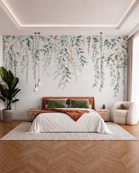 Tapet Flori care se revarsă și frunziș verde pe un fundal deschis, Fototapet Flori, w05736 : Uwalls.ro