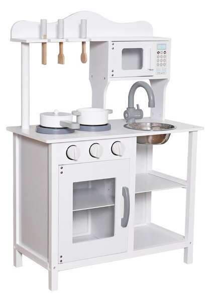 Bucatarie din lemn si MDF pentru copii, cuptor cu microunde, chiuveta, rafturi, ustentile pentru gatit, 60x30x85 cm, alba