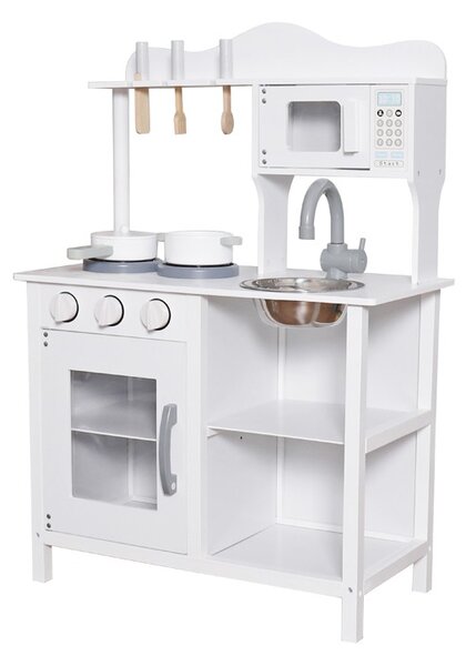 Bucatarie din lemn si MDF pentru copii, cuptor cu microunde, chiuveta, rafturi, ustentile pentru gatit, 60x30x85 cm, alba