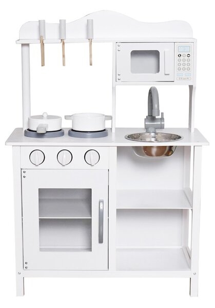 Bucatarie din lemn si MDF pentru copii, cuptor cu microunde, chiuveta, rafturi, ustentile pentru gatit, 60x30x85 cm, alba