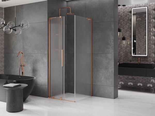 Mexen Velar L, colț de duș cu ușă glisantă 90 x 90 cm, sticlă mată 8 mm, cupru mat, 871-090-090-33-65
