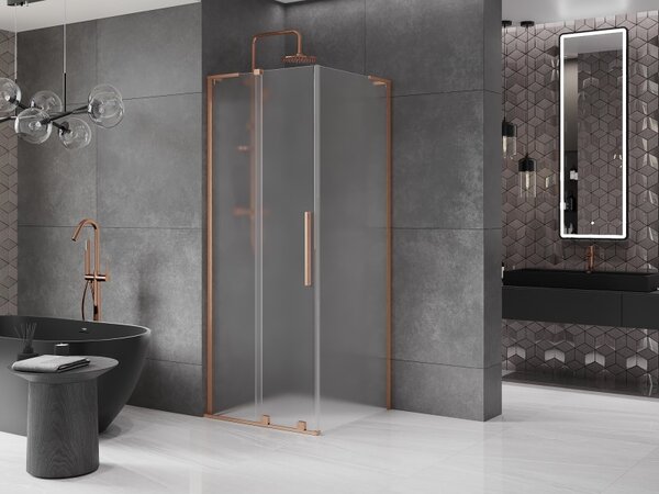 Mexen Velar L, colț de duș cu ușă glisantă 90 x 90 cm, sticlă mată 8 mm, cupru mat, 871-090-090-33-65