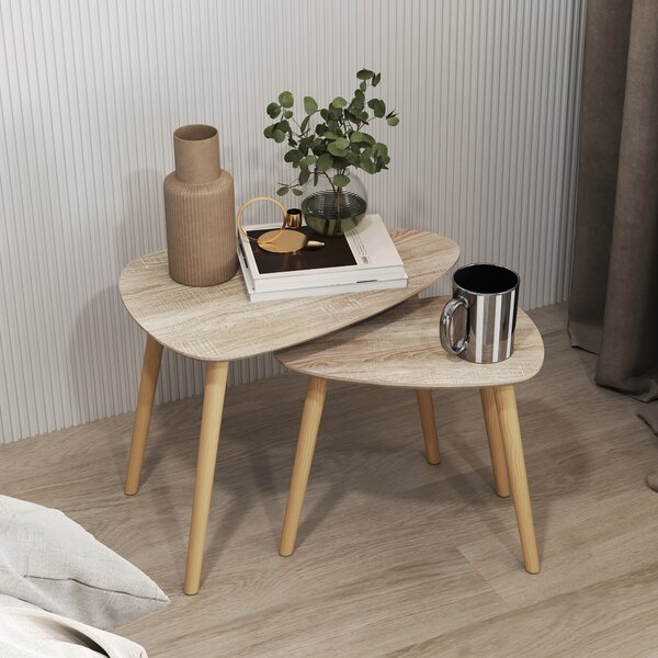 HOMCOM Set 2 măsuțe de living suprapozabile în stil nordic cu picioare din lemn, culoare lemn | Aosom Romania