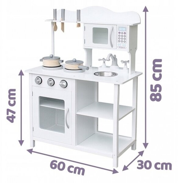 Bucatarie din lemn si MDF pentru copii, cuptor cu microunde, chiuveta, rafturi, ustentile pentru gatit, 60x30x85 cm, alba