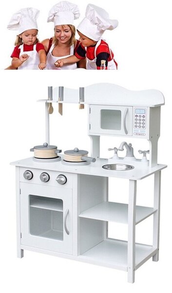 Bucatarie din lemn si MDF pentru copii, cuptor cu microunde, chiuveta, rafturi, ustentile pentru gatit, 60x30x85 cm, alba