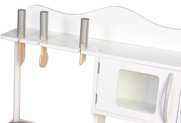 Bucatarie din lemn si MDF pentru copii, cuptor cu microunde, chiuveta, rafturi, ustentile pentru gatit, 60x30x85 cm, alba