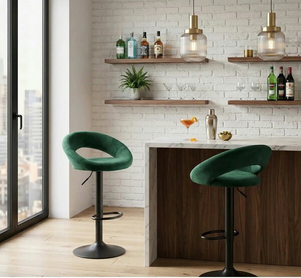 Scaun bar H102, verde inchis/negru, stofa catifelata/otel, 53x48x100 c