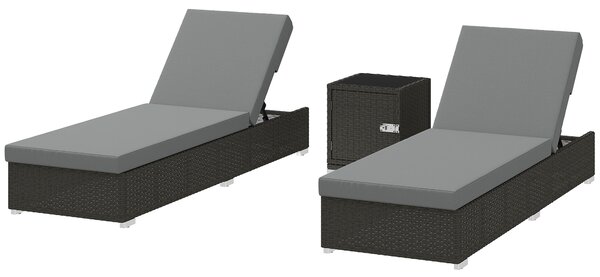 Outsunny Set 2 Șezlonguri de Grădină din Ratan cu Măsuță Laterală și Spătar Reglabil, 184x60x22 cm, Gri Închis | Aosom Romania