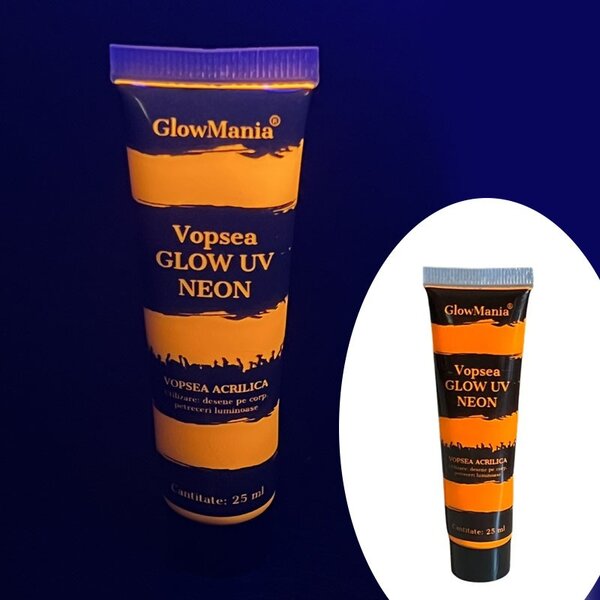 Vopsea glow UV neon, orange, recipient 25 ml, pentru body painting si proiecte artistice