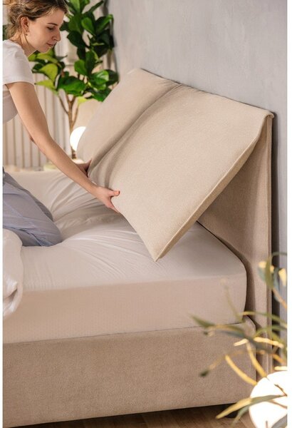 Pat matrimonial bej tapițat cu spațiu de depozitare cu somieră 180x200 cm Thessa Pillow – Bonami Selection