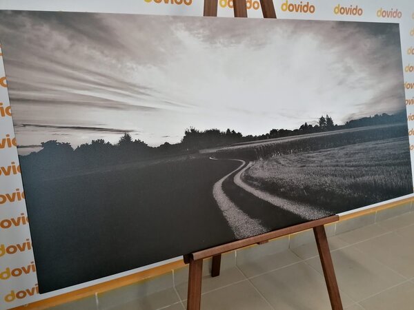 Tablou apus de soare deasupra țării în design alb-negru