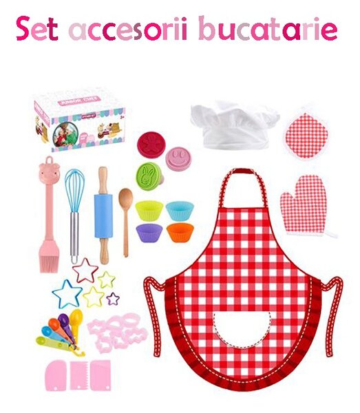 Set 39 accesorii bucatarie copii, accesorii cofetarie, sucitor, forme prajitura, sort, manusa si boneta