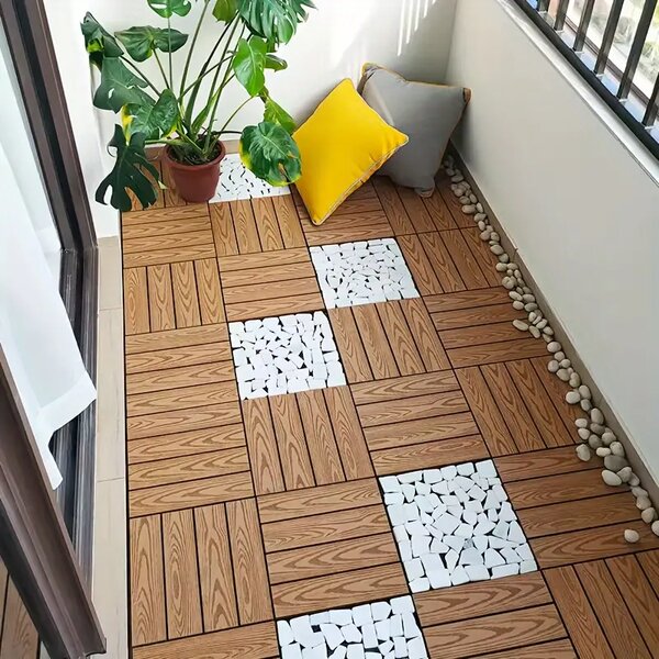 Placa WPC deck terasa, 30x30 cm, grosime 2.2 cm, amenajari exterioare, sistem interconectare, culoare tec, aspect lemn