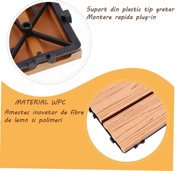 Placa WPC deck terasa, 30x30 cm, grosime 2.2 cm, amenajari exterioare, sistem interconectare, culoare tec, aspect lemn