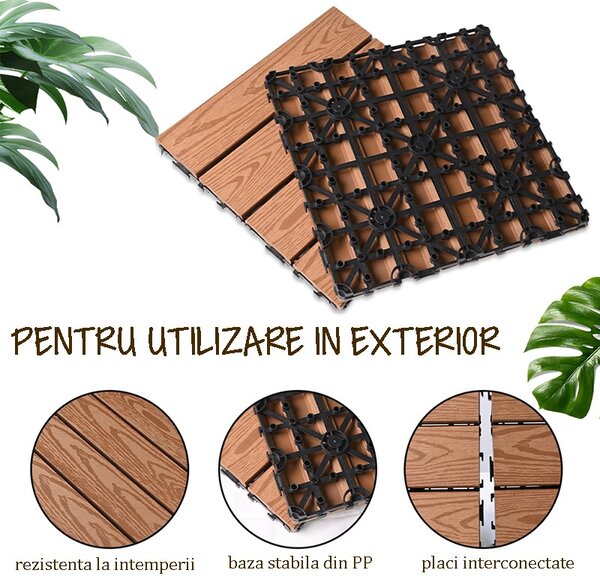 Placa WPC deck terasa, 30x30 cm, grosime 2.2 cm, amenajari exterioare, sistem interconectare, culoare tec, aspect lemn
