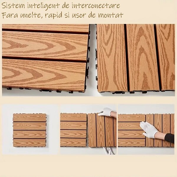 Placa WPC deck terasa, 30x30 cm, grosime 2.2 cm, amenajari exterioare, sistem interconectare, culoare tec, aspect lemn