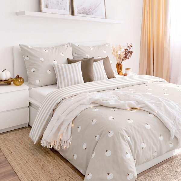Goldea lenjerie de pat din 100% bumbac - dovleci pe fond crem cu dungi 140 x 200 și 50 x 70 cm