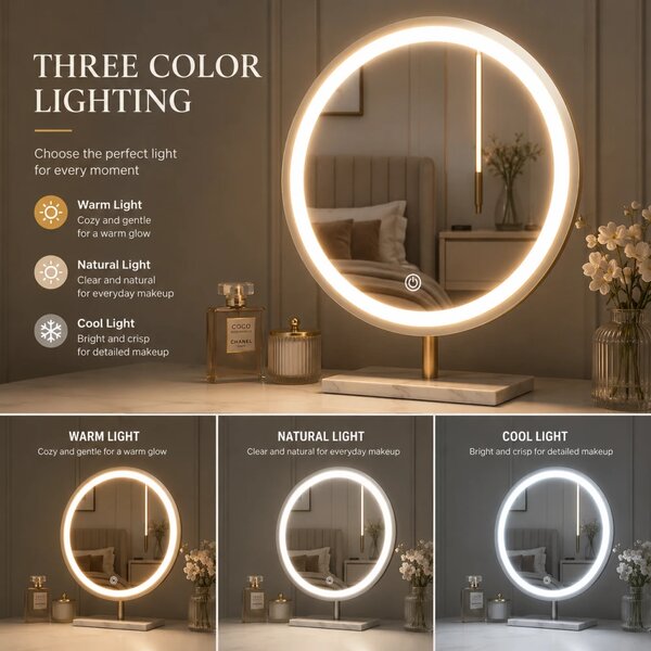 Set ROYAL GREY – Masă de Toaletă pentru Machiaj, Oglindă iluminată LED, Control touch, Trei tipuri culoare, Taburet, 100 cm, Gri