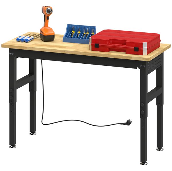 HOMCOM Masă de Lucru Reglabilă 122 cm, Blat Robust din Lemn de Cauciuc, 2 Prize AC și 2 Porturi USB, Panou Perforat, Capacitate 900 kg, pentru Garaj, Atelier și Casă | Aosom Romania