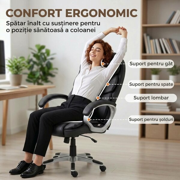 HOMCOM Scaun Birou Ergonomic Rotativ din Piele PU, Funcție Legănare, Înălțime Reglabilă, Capacitate 120kg, Negru | Aosom Romania