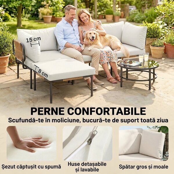 Outsunny Set Grădină, 5 Piese, Rattan Modular în L cu Perne, Culoare Bej | Aosom Romania