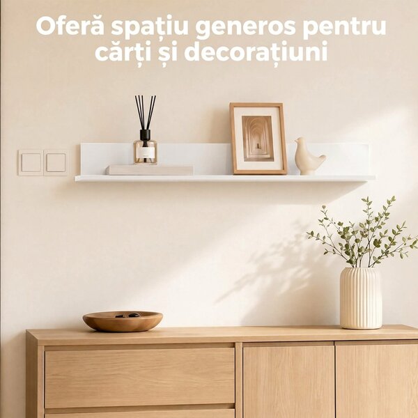HOMCOM Etajeră de Perete pentru Living și Dormitor, Grosime 1,5 cm, Raft Suspendat din Lemn, 127x12x18 cm, Alb Lucios | Aosom Romania