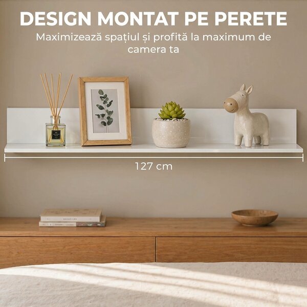HOMCOM Etajeră de Perete pentru Living și Dormitor, Grosime 1,5 cm, Raft Suspendat din Lemn, 127x12x18 cm, Alb Lucios | Aosom Romania