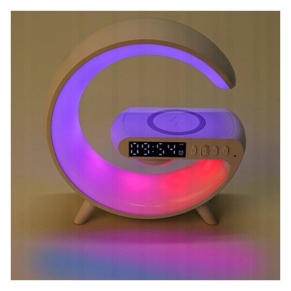 Lampa de birou LED G-Shape RGB 5W, difuzor Bluetooth 155 mm, incarcare wireless Qi, ceas cu alarma, radio FM, 420 lm